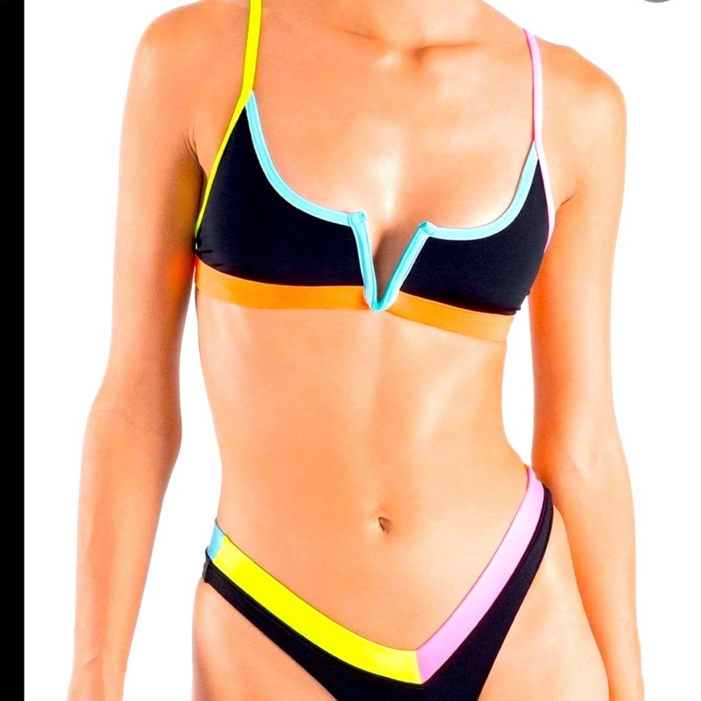 One One Jenna Nassau color block bikini top